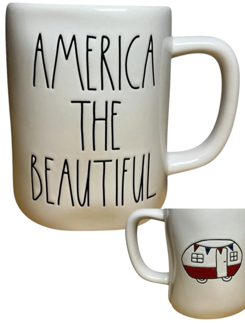 Rae Dunn AMERICA THE BEAUTIFUL Double-Sided Trailer Coffee Tea Mug Patriotic